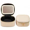 Portable makeup bag with LED mirror, beige PU leather cosmetic organizer for travel and daily use. - LED Makeup Mirror / Off White