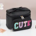 Zwarte PU lederen cosmetische tas met kleurrijke letters, draagbare reis make-up opbergtas. - Cute letters / 25*18*16cm / Zwart