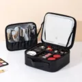 Large capacity portable black makeup case with LED lighted mirror and brush holder for travel. - LED Makeup Mirror Version / Black