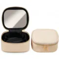 Beige makeup bag with mirror, portable cosmetic case with zipper for travel, mini daily organizer. - Standard Mirror / Off White