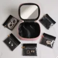Portable pink makeup organizer case with mirror and five transparent jewelry storage bags. - 5 Sub-bags/Mirror Set / Pink