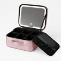 Pink portable cosmetic case with LED lighted mirror and adjustable storage dividers for travel. - LED Makeup Mirror Version / Polished Rose Gold
