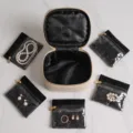 Beige travel cosmetic organizer bag set featuring five clear window velvet jewelry pouches. - 5 Sub-bags Set / Beige