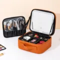 Brown PU leather makeup case with LED lighted mirror and brush holder, large capacity. - Brown / LED Light Mirror