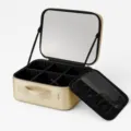 Gold Cosmetic Train Case with Adjustable Dividers, Makeup Storage Box with Mirror and Brushes - Regular Mirror Version / Glossy Gold