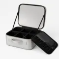 Silver travel makeup case with adjustable dividers, mirror and brush holder for daily cosmetics. - Regular Mirror Version / Shiny Silver