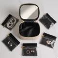 Portable travel jewelry box set with mirror and clear window storage pouches for women. - 5 Sub-bags/Mirror Set / Beige