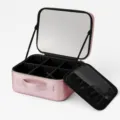 Pink PU Leather Travel Cosmetic Train Case with Mirror Adjustable Dividers Brush Holder - Regular Mirror Version / Polished Rose Gold