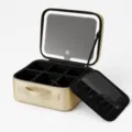 Portable gold makeup train case with LED mirror and adjustable dividers for cosmetic storage. - LED Makeup Mirror Version / Glossy Gold