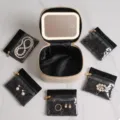 Beige PU leather cosmetic organizer with LED lighted mirror and five transparent jewelry pouches. - 5 Sub-bags/LED Mirror Set / Beige