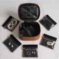 Brown PU leather jewelry storage bag set featuring five transparent window zipper pouches for travel. - 5 Sub-bags Set / Brown
