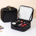 Black quilted makeup case with LED mirror and adjustable compartments for travel. - Diamond Lattice Black / LED Light Mirror