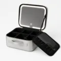 Portable LED makeup case with adjustable dividers, large capacity travel cosmetic storage bag. - LED Makeup Mirror Version / Shiny Silver