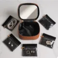 Brown leather portable jewelry organizer case with mirror and five clear small pouches set. - 5 Sub-bags/Mirror Set / Brown