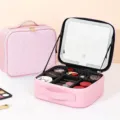 Pink PU leather makeup bag with LED light mirror, portable cosmetic organizer case for travel. - Diamond Lattice Pink / LED Light Mirror