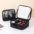 Black travel makeup train case with mirror, adjustable dividers and brush holders. - Black / Full Screen Mirror