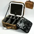 Leopard Print LED Makeup Case Cosmetic Train Box with Mirror and Adjustable Dividers - LED Makeup Mirror Version / Leopard Print
