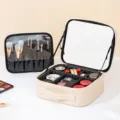 Large capacity beige makeup case with mirror and adjustable dividers, portable cosmetic storage box. - Off-White / Full Screen Mirror