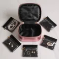 Pink metallic cosmetic jewelry organizer bag set with five transparent storage pouches. - 5 Sub-bags Set / Rose Gold