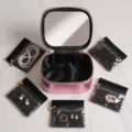 Pink metallic makeup jewelry organizer case with mirror and five clear small zipper pouches. - 5 Sub-bags/Mirror Set / Rose Gold