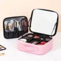Pink LED makeup case with mirror, large capacity portable cosmetic organizer storage box. - Pink / Full Screen Mirror