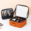 Professional brown PU leather cosmetic train case with built-in mirror and portable brush bag. - Brown / Full Screen Mirror