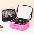 Pink portable cosmetic storage box with built-in mirror and adjustable dividers for daily makeup. - Rose Red / Full Screen Mirror