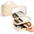 Gewatteerde make-up tas met spiegel en penseelhouder voor reizen en dagelijkse organisatie. - Beige (Ruitpatroon)
