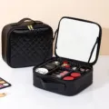 Black quilted makeup bag with mirror and adjustable dividers, large capacity cosmetic travel case. - Diamond Lattice Black / Full Screen Mirror