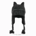 Dunkelgraue Winter Strickmütze mit Katzenohren geflochtene Ohrenklappen warme Fliegermütze - Einheitsgröße (56-60cm) / Schwarz