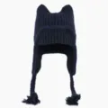Süße Katzenohren Strickmütze für Damen Winter warme Fliegermütze mit Ohrenklappen Zöpfen. - Einheitsgröße (56-60cm) / Marineblau