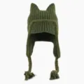 Dark Green Knit Cat Ear Trapper Hat Winter Warm Earflap Beanie with Braided Tassels Style - One Size (56-60cm) / Green