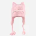 Cute pink knitted hat with cat ears and earflaps, thick warm winter ski bomber hat for women. - One Size (56-60cm) / Pink