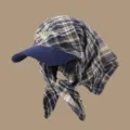 Korean style strap headscarf baseball cap for women, breathable plaid sun protection hat. - Adjustable / Navy Plaid