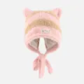 Gestreifter plüsch strickhut mit niedlichen ohren, rosa und kaki winterbeanie für damen. - Einheitsgröße (56-60cm) / Rosa