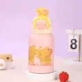 Bonito termo de acero inoxidable 316 con figura de elefante 3D, botella de agua portátil. - Rosa Elefante con Figurita