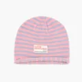 Pink and purple striped knit beanie hat, cozy slouchy cuffed winter cap for women. - One Size / Pink