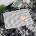 Gray checkered pet mat with cute cartoon bear applique, soft and comfortable dog cat sleeping bed. - Love Bear
