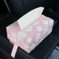 Pink floral fabric car tissue box holder, elegant armrest hanging tissue dispenser for auto interior. - Pink