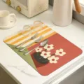 Kitchen diatomaceous earth drying mat, floral patterned coffee bar placemat for countertop. - Windowside Little Flower Red Rectangle