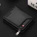 Black leather card holder wallet with zipper closure and compact multi-slot card design. - Black
