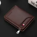 Brown leather wallet for men, compact card holder with zipper and multiple card slots. - Brown
