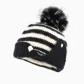 Schwarz weiße gestreifte Strickmütze Beanie mit flauschigem Bommel süße Tier Wintermütze warm - Einheitsgröße (56-60cm) / Schwarz