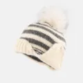 Striped Knitted Beanie Hat with Faux Fur Pom Pom and Ear Flaps in Grey Winter Warm - One Size / Beige