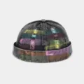 Casquette docker en denim coloré peint à la main, style rétro streetwear pour tous. - Réglable / Rayé Noir Gris
