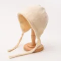 Plush knit bonnet hat for women cute beige earflap beanie winter warm soft fleece ties - One Size (56-59cm) / Beige