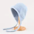 Light blue plush knitted ear-flap bonnet hat, soft fuzzy winter warm tether beanie. - One Size (56-59cm) / Light Blue
