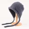 Dark grey fuzzy plush ear flap bonnet hat, cozy winter knitted warm beanie with long ties. - One Size (56-59cm) / Dark Gray