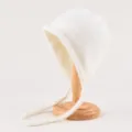 White plush knitted bonnet hat with long ties, soft winter earflap cap for women. - One Size (56-59cm) / White