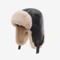 Schwarze Kunstleder Pilotenmütze mit weichem Plüsch Ohrschutz für warme Wintertage - Einheitsgröße (56-58cm) / Schwarz